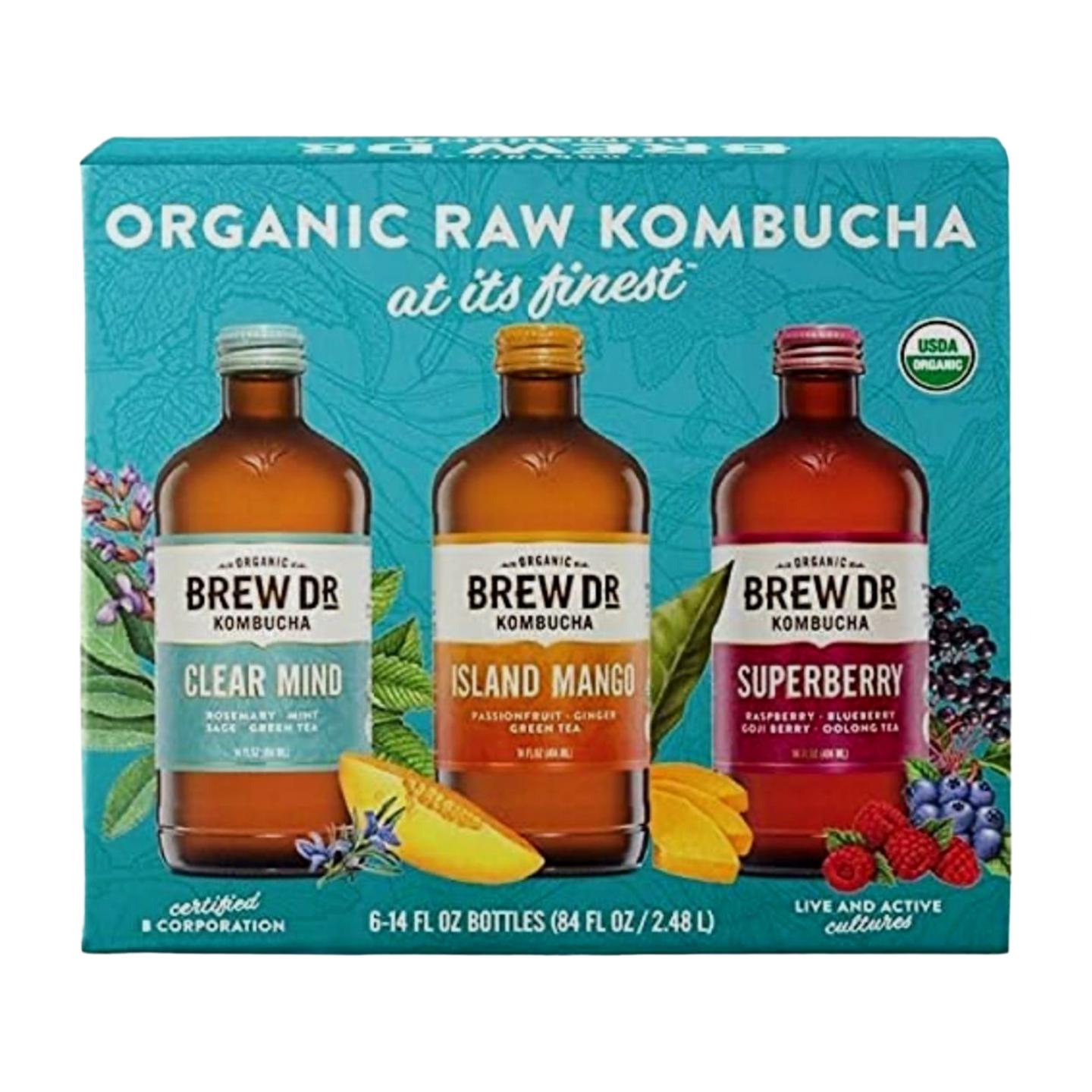 Dr. Brew Organic Kombucha Variety Pack, 12 x 14 oz (Clear Mind, Island Mango, Super-berry)