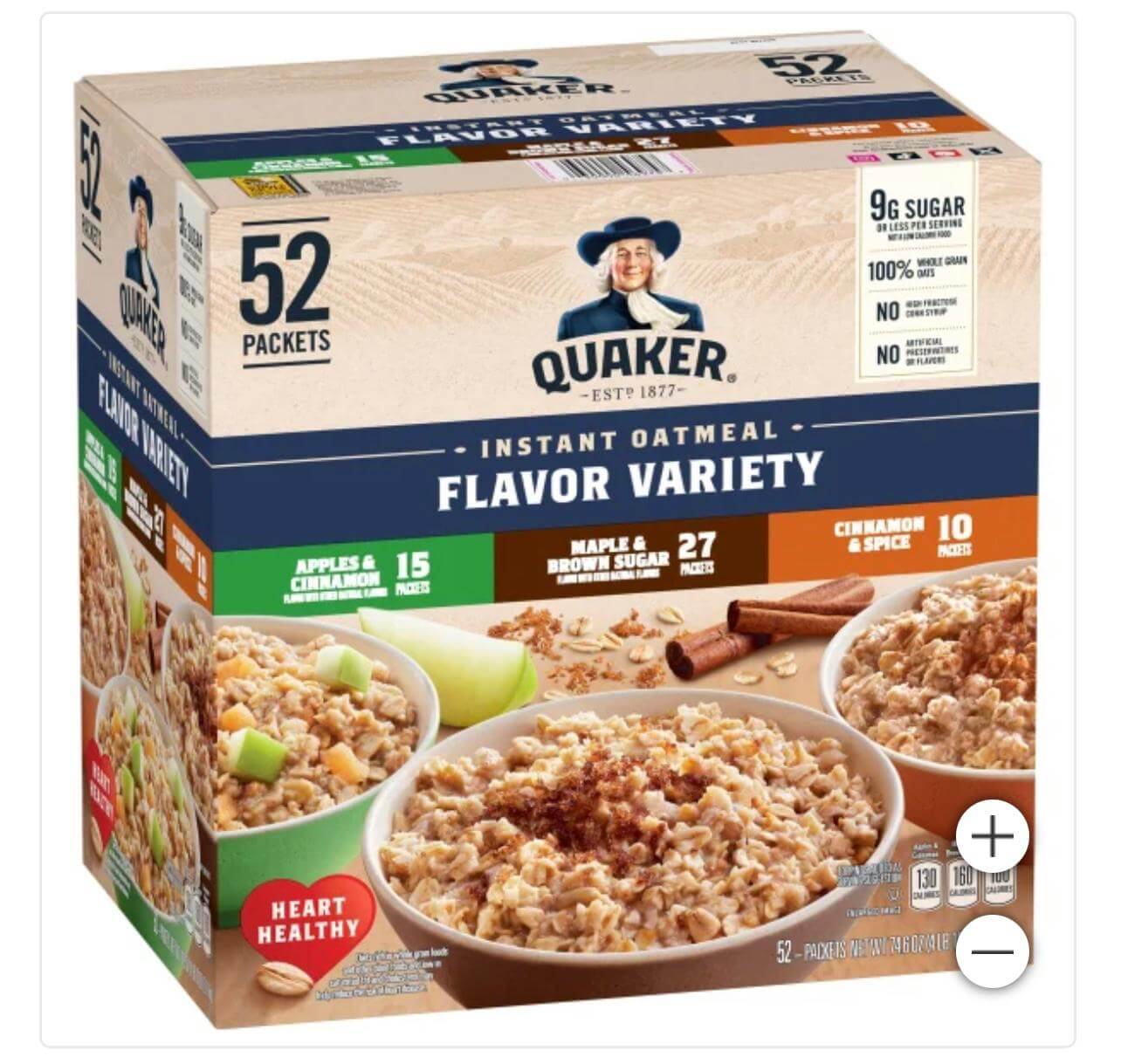 Quaker Whole Grain Instant Oatmeal, Variety Pack, 52-Count, 76.6 Oz