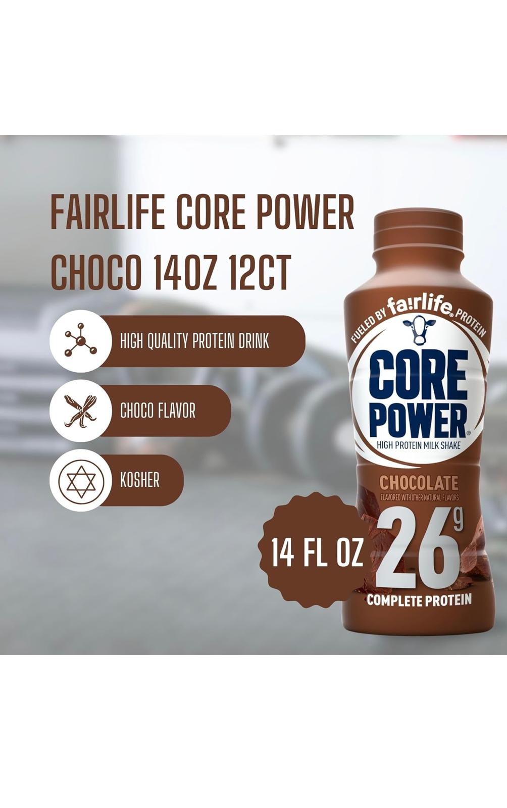 Core Power Fairlife Protein Milk Shakes, 26g Protein, Chocolate Flavor, 14 Fl Oz, Pack of 12, Ready-to-Drink for Workout Recovery