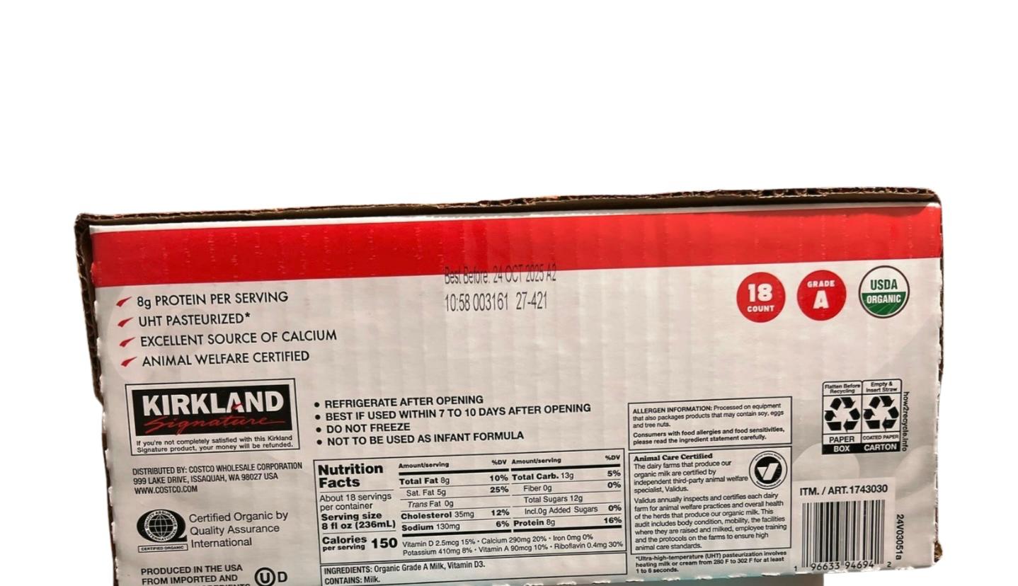 Kirkland Signature Organic Whole Milk, 8 Fl Oz with Straw, Pack of 18