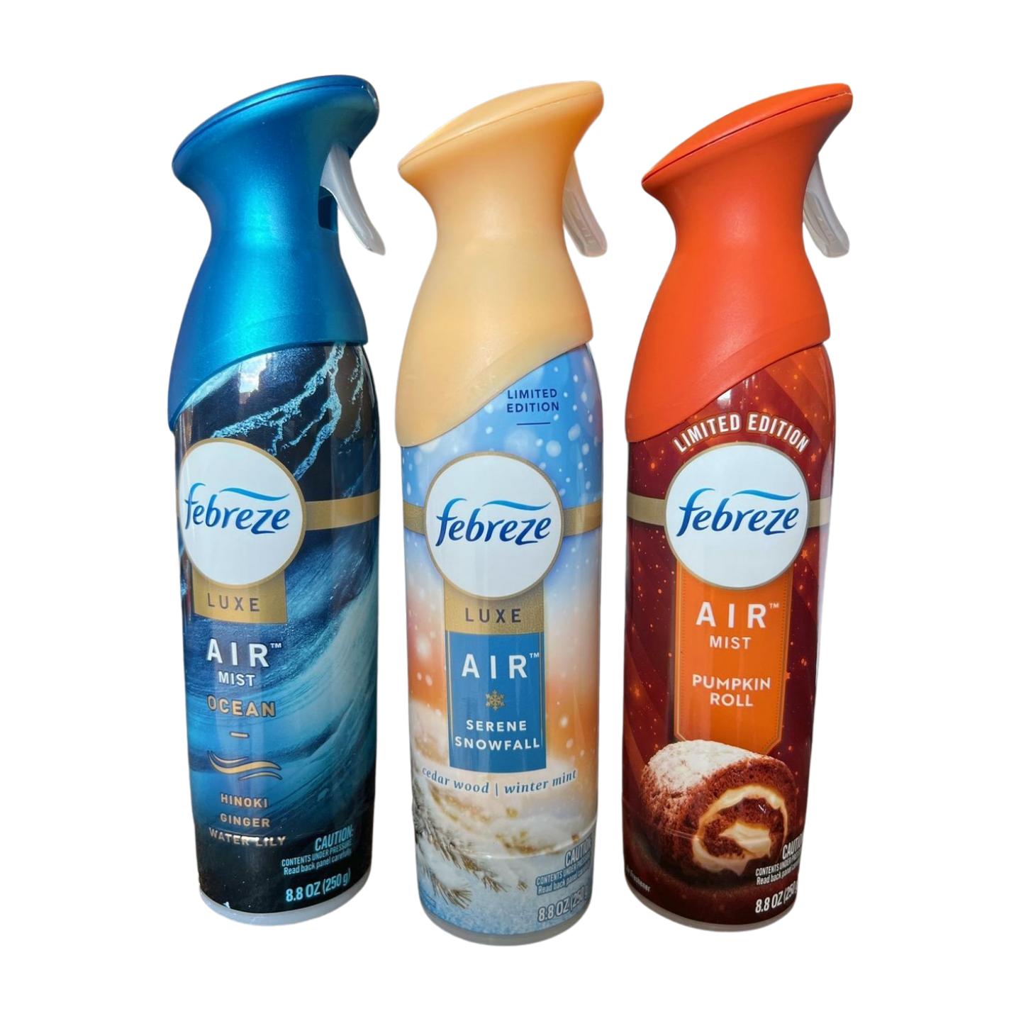 Febreze Air Mist Air Freshener Spray, Ocean, Pumpkin Roll & Serene Snowfall Scent, 8.8oz, 3 Count, Odor-Fighting Room Spray