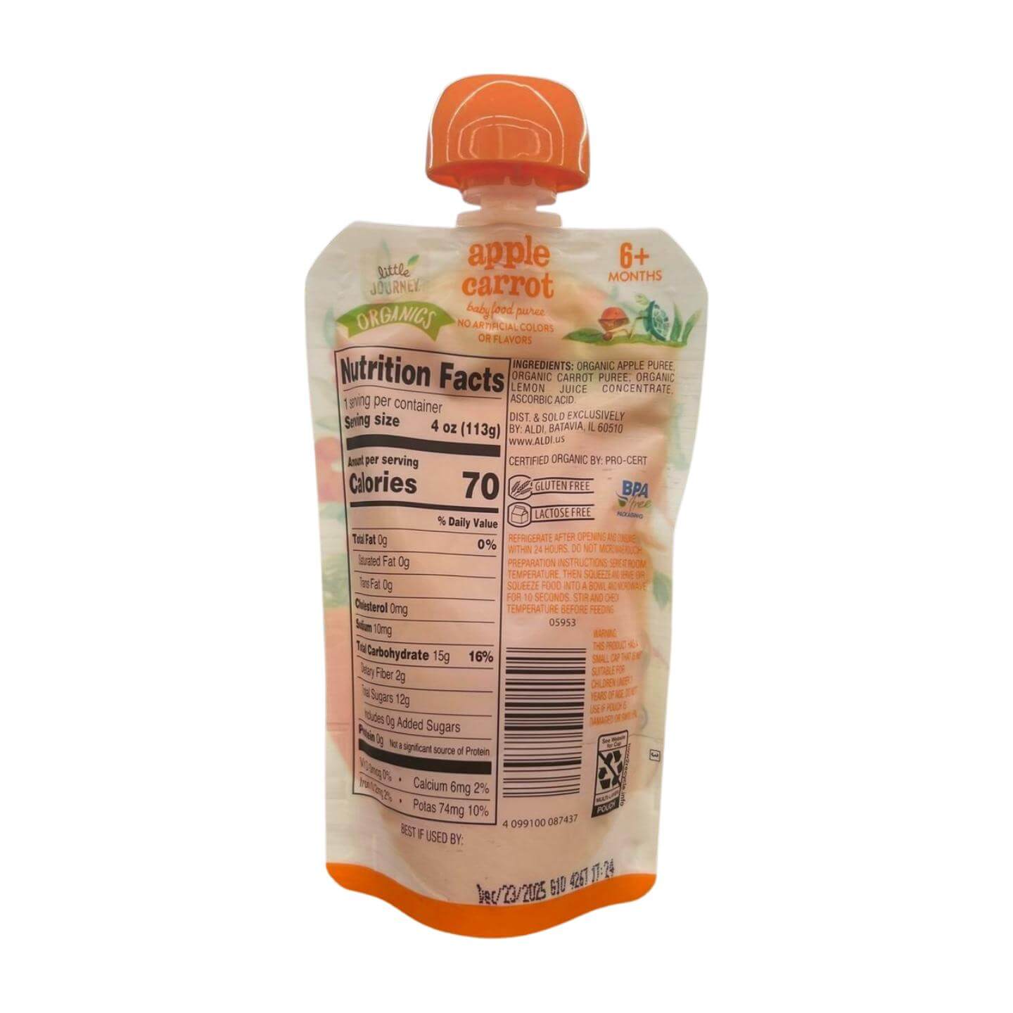 Little Journey Organic Stage 2 Baby Food, Apple & Carrots, 4 oz, Pack of 6