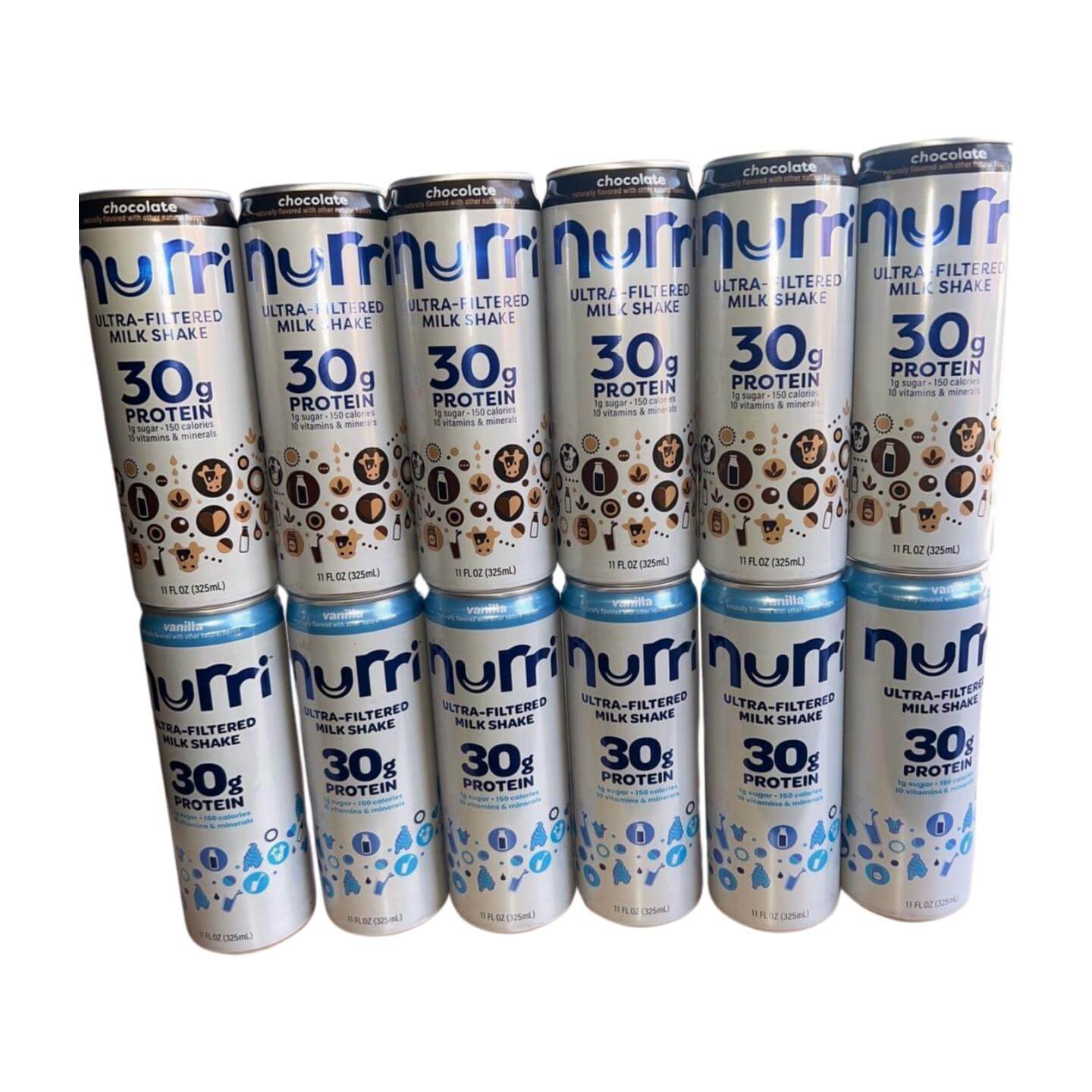 Nurri Ultra-Filtered Chocolate & Vanilla Milk Shake, 30g Protein, 1g Sugar, 12 x 11 oz Cans (6 Each Flavor)