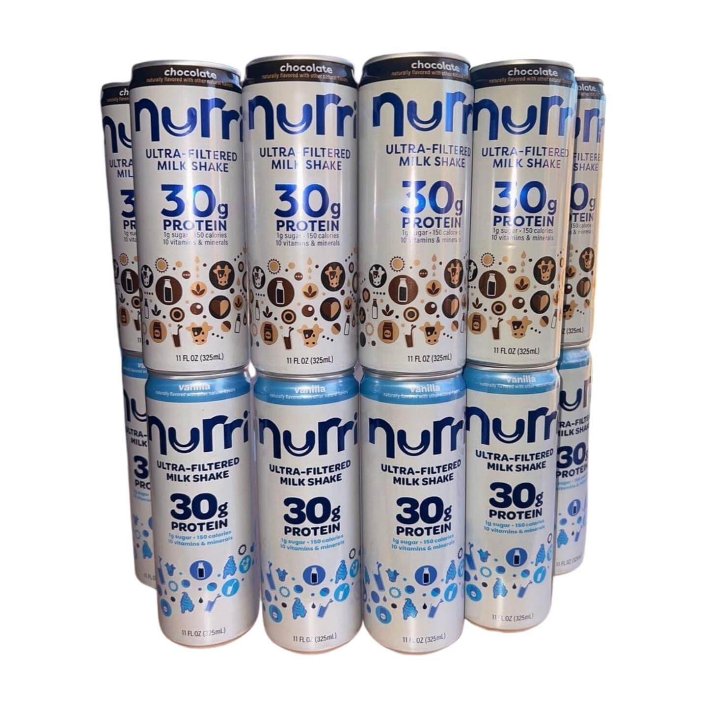 Nurri Ultra-Filtered Chocolate & Vanilla Milk Shake, 30g Protein, 1g Sugar, 12 x 11 oz Cans (6 Each Flavor)