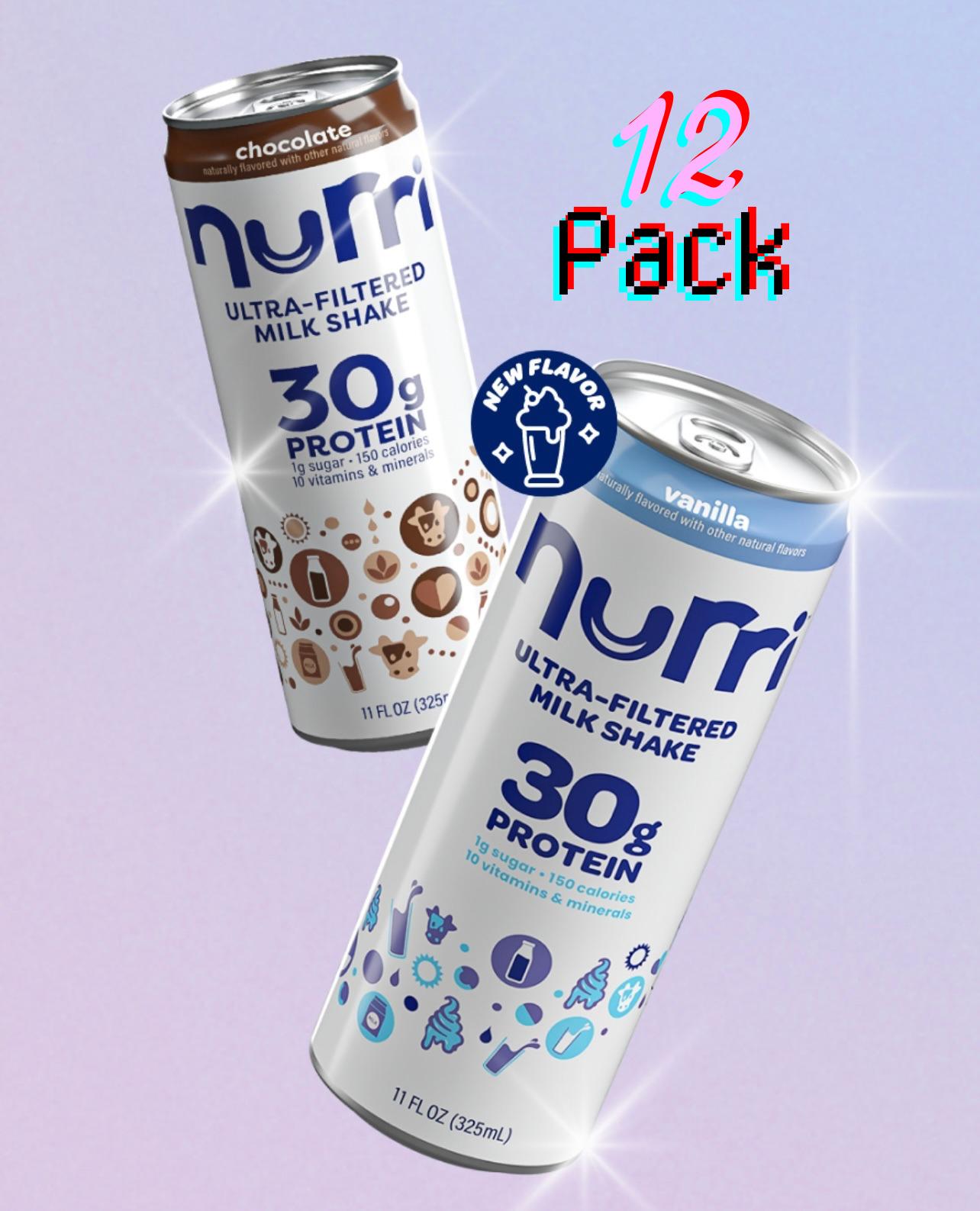 Nurri Ultra-Filtered Chocolate & Vanilla Milk Shake, 30g Protein, 1g Sugar, 12 x 11 oz Cans (6 Each Flavor)