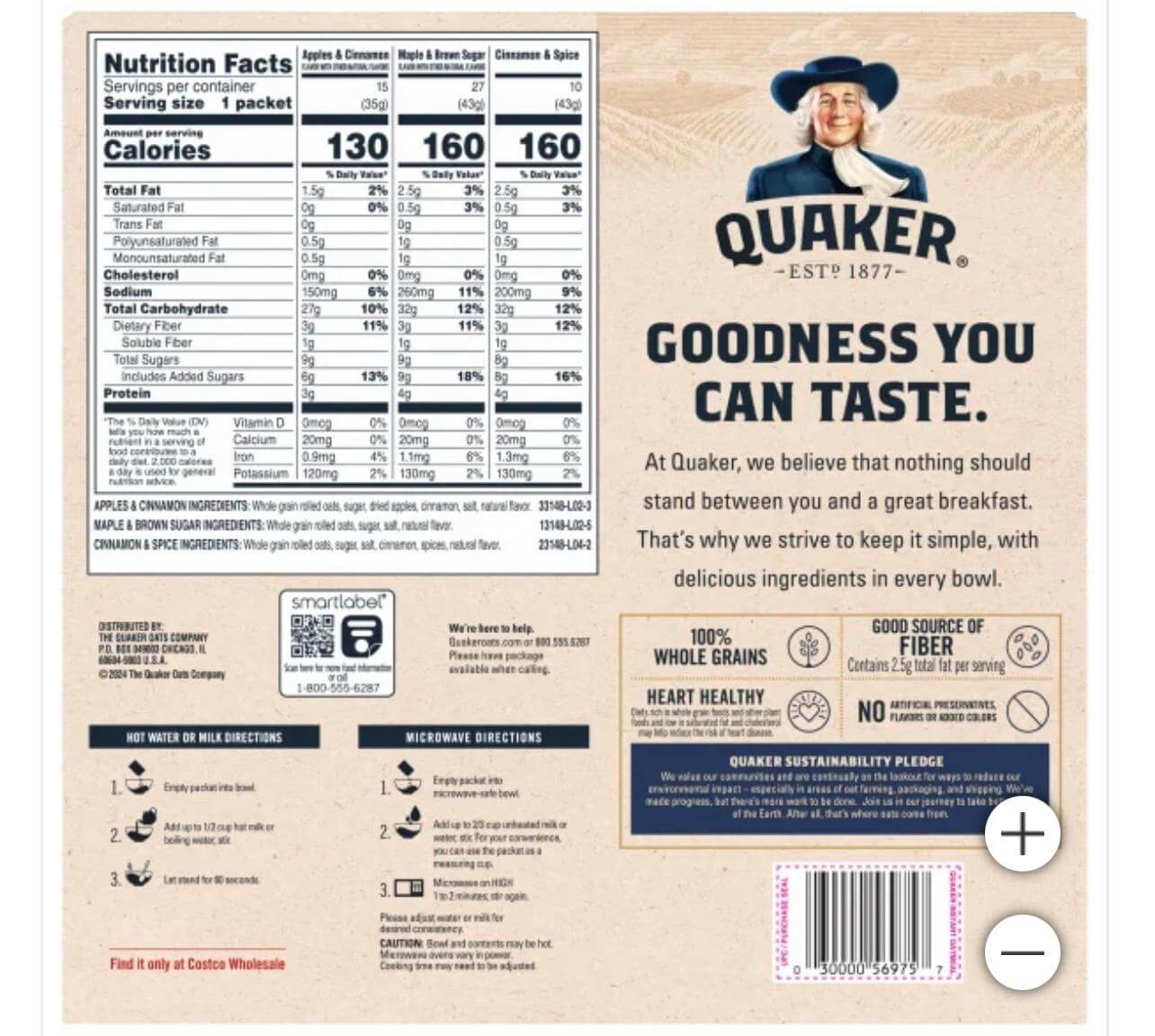 Quaker Whole Grain Instant Oatmeal, Variety Pack, 52-Count, 76.6 Oz