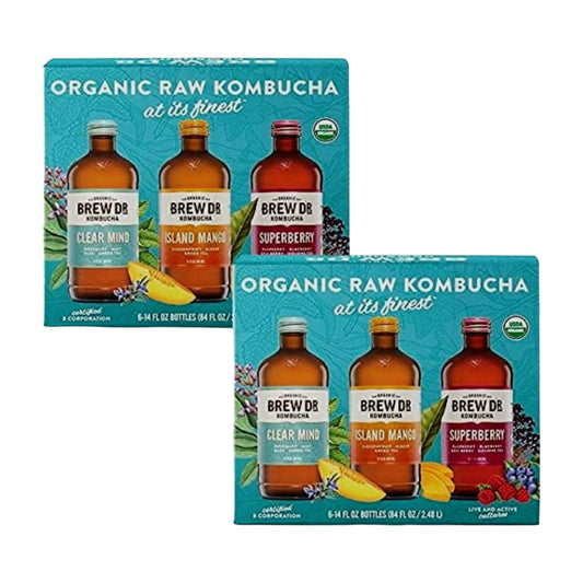 Dr. Brew Organic Kombucha Variety Pack, 12 x 14 oz (Clear Mind, Island Mango, Super-berry)