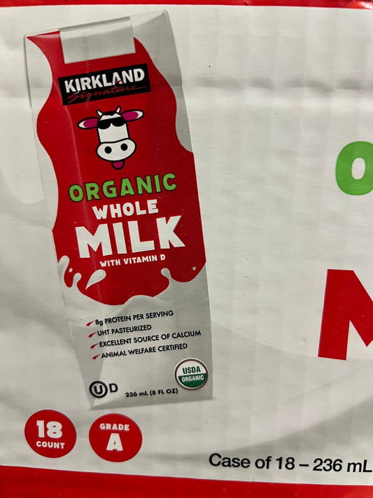 Kirkland Signature Organic Whole Milk, 8 Fl Oz with Straw, Pack of 18