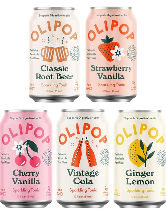OLIPOP 5-Flavor Soda Variety Pack, Prebiotic Soft Drinks, Supports Digestive & Gut Health, 9g Plant Fiber, Low Calorie & Sugar, Vegan, 12oz, 5-Pack