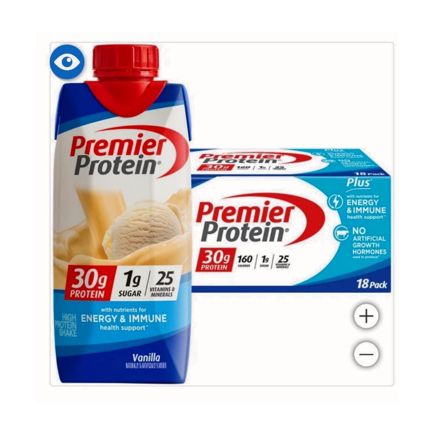 Premier Protein Shake, Vanilla, 30g Protein, 1g Sugar, 11 oz, 18 Pack